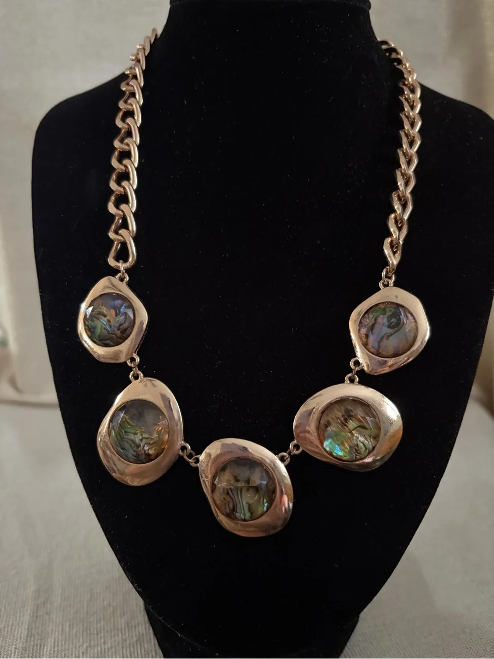 Gold-Tone Abalone Statement Necklace - Elegant Iridescent Green Accent